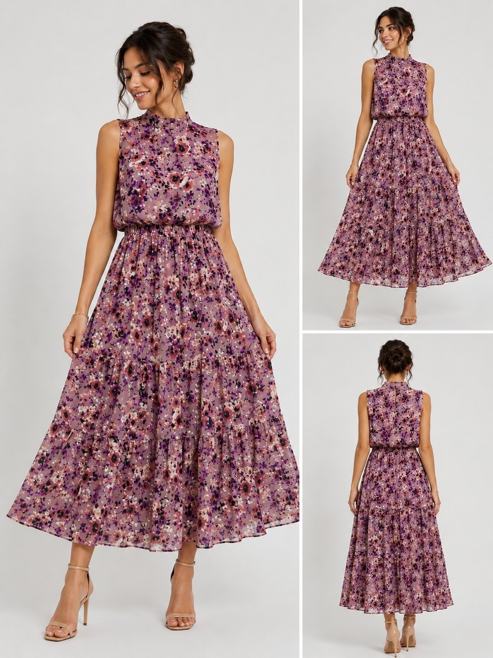 Lulus Floral Sleeveless Mock Neck Tiered Midi Dress NWT Size M